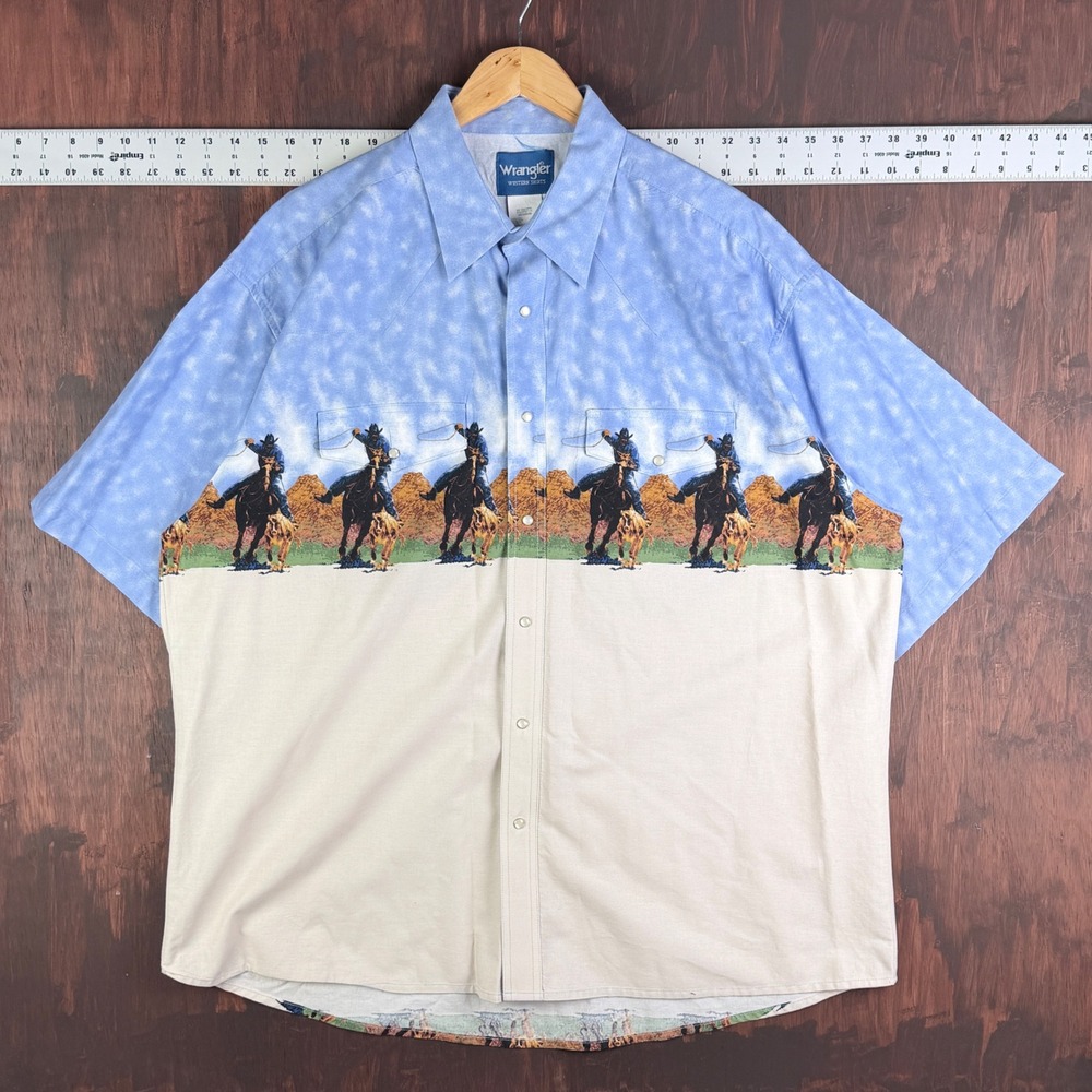 Wrangler Western Shirt Cowboy Graphic Pearl Snap Short Sleeve Blue Cream Men 2XL